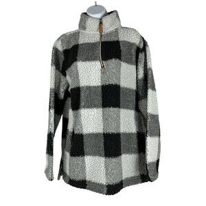 Pink Lily M Buffalo Check Print Sherpa Pullover Quarter Zip Sweater Long Sleeve